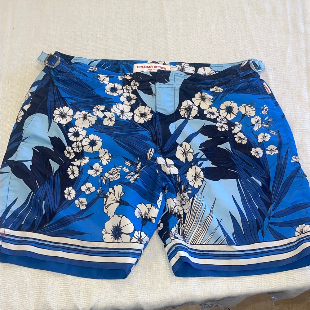 T0102114 Orlebar Brown Bulldog Men SZ 31 Board Shorts Blue White Floral
